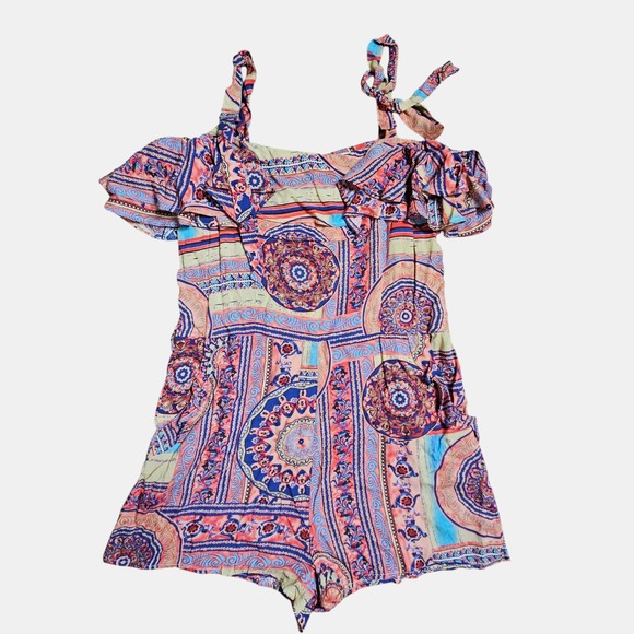 Easel Rayon Off Shoulder Tie Bohemian Mandala Romper M Boho Festival Cottagecore - Picture 1 of 9